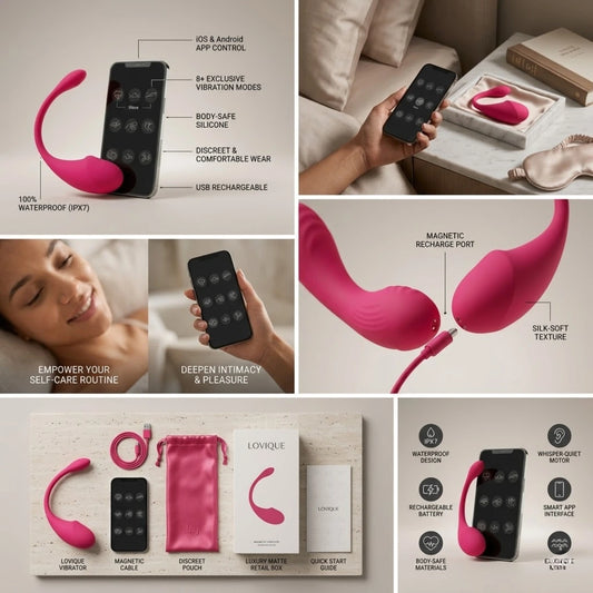 Collage of a pink electronic device with features and usage scenarios.