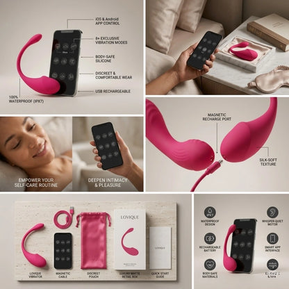 Collage of a pink electronic device with features and usage scenarios.
