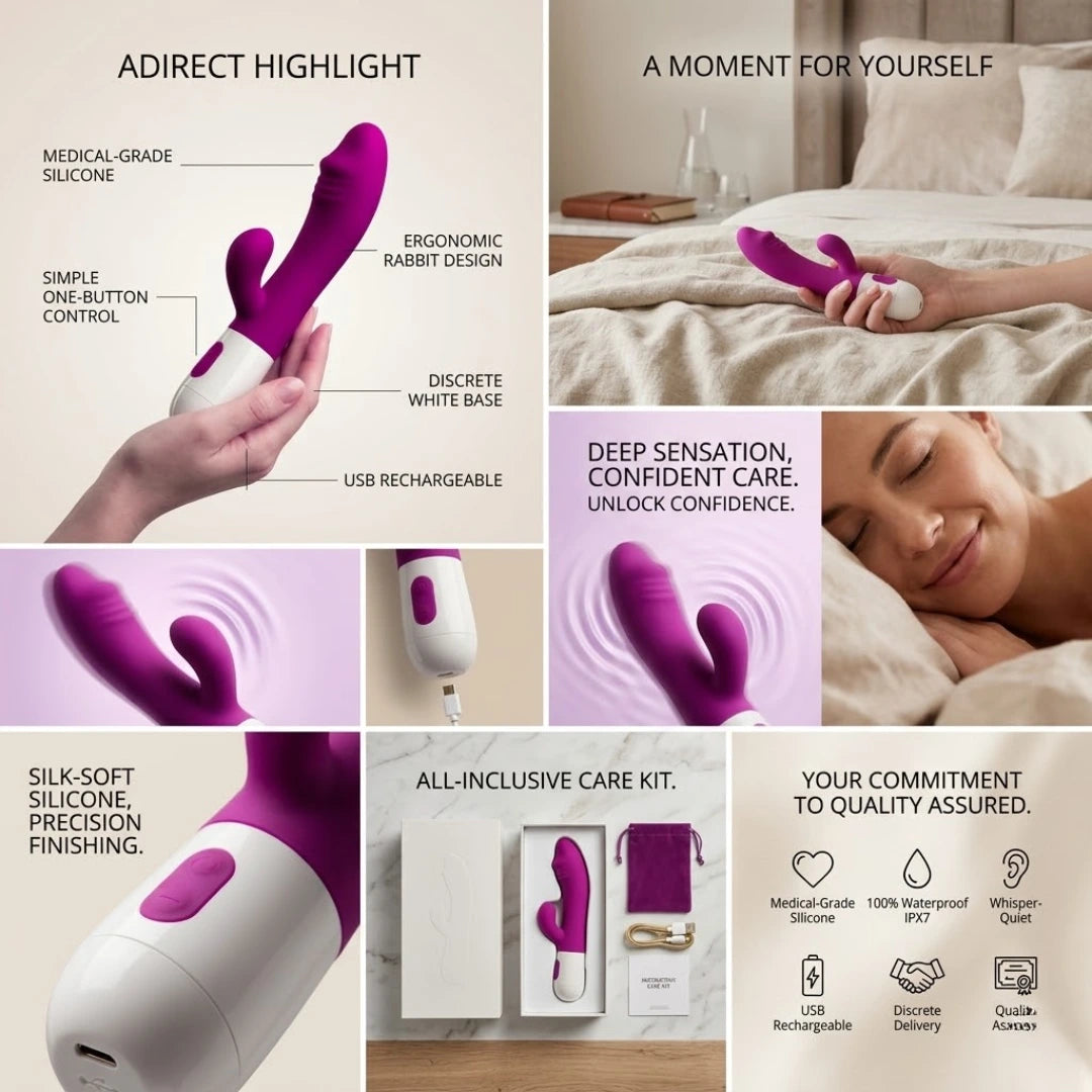 Product advertisement for a USB rechargeable rabbit-shaped toy with features highlighted.