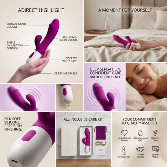 Product advertisement for a USB rechargeable rabbit-shaped toy with features highlighted.